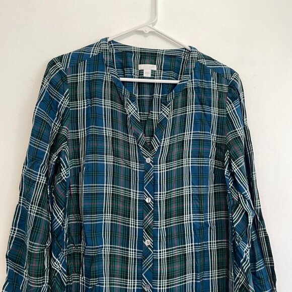 J. JILL Plaid Dipped Hem Button Up Tunic Blue Green Lightweight Button Down S - Picture 3 of 16